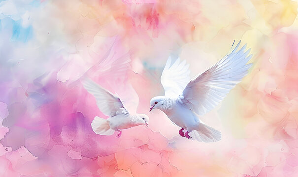  Flying  two white dove  in water colour . Pair of White Doves in Flight Painting .Elegant White Doves Flying Watercolor