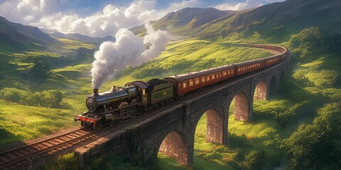 A steam train with billowing smoke is crossing the stone arches of an old bridge in rural Scotland, creating a picturesque scene of vintage travel and nature's beauty. 