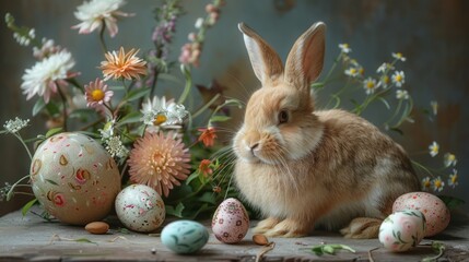 A charming scene of a rabbit sitting gracefully on a table, adorned with festive Easter attire - 783129602