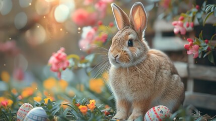 A charming scene of a rabbit sitting gracefully on a table, adorned with festive Easter attire - 783129626
