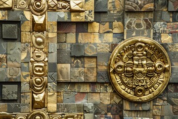 Naklejka premium Background with Inca patterns, details in gold with stones, adornments, concept of culture and history.
