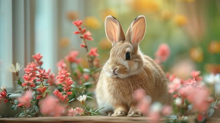 A charming scene of a rabbit sitting gracefully on a table, adorned with festive Easter attire - 783129637