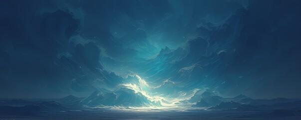 A surrealistic digital art piece depicting an otherworldly ocean scene, with towering waves made of swirling white and grey foam