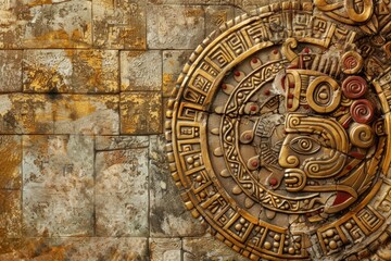 Fototapeta na wymiar Background with Mayan patterns, details in gold with stones, ornaments, concept of culture and history.