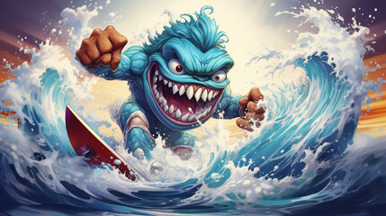 A cartoon monster surfing on a wave, with a big splash behind, showcasing its balance and agility - obrazy, fototapety, plakaty