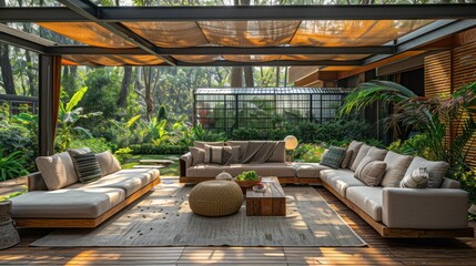 a shady outdoor living room, , sunny garden in the background, overgrown greenhouse in the distance - 783129855