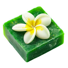 Handmade Green Soap with White Frangipani Flower, Emphasizing Natural Beauty and Aromatherapy.