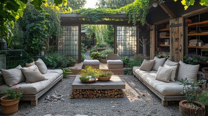 a shady outdoor living room, , sunny garden in the background, overgrown greenhouse in the distance - 783130029