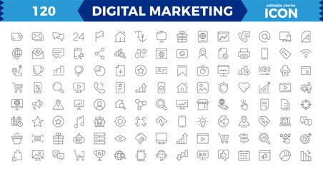 Big set Digital Marketing web icons, Content, search, marketing, ecommerce, seo, electronic devices, internet, analysis, social and more line icon.
