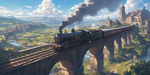 A vintage steam train with billowing smoke is crossing the iconic Bridge in a mysterious and picturesque landscape - obrazy, fototapety, plakaty