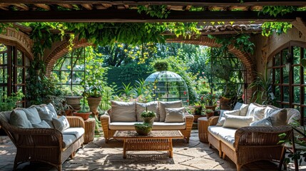 a shady outdoor living room, , sunny garden in the background, overgrown greenhouse in the distance - 783130061