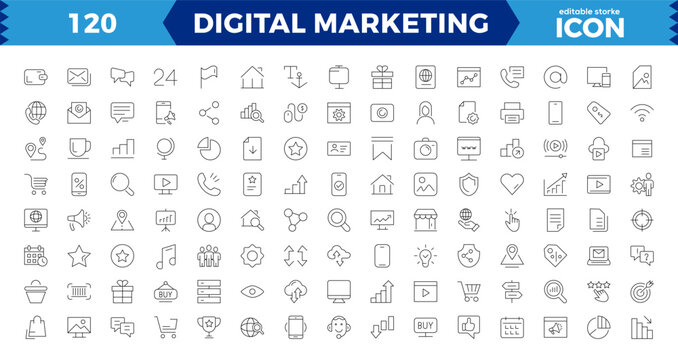 Big set Digital Marketing web icons, Content, search, marketing, ecommerce, seo, electronic devices, internet, analysis, social and more line icon.