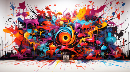 Cartoon graffiti battle, artists spraying murals on walls, vibrant colors and bold designs, isolated on white background