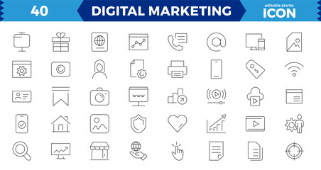 Fototapeta na wymiar Big set Digital Marketing web icons, Content, search, marketing, ecommerce, seo, electronic devices, internet, analysis, social and more line icon.