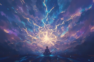 A person meditating with glowing energy around their body, representing spiritual awakening and inner illumination.  - obrazy, fototapety, plakaty