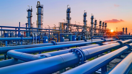 A large industrial plant with many pipes and tanks. The sky is orange and the sun is setting