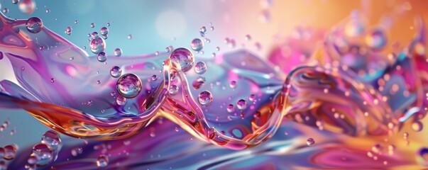 Violet liquid splashes on electric blue and orange background - obrazy, fototapety, plakaty