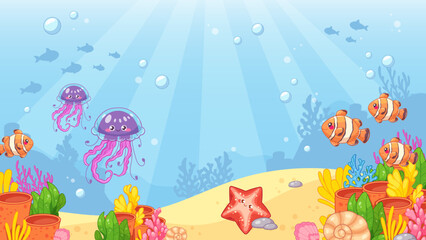 Fototapeta na wymiar Ocean floor with coral reefs, seaweed, sand, jellyfish and fish. Cartoon vector background, landscape