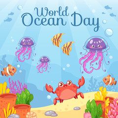 World Ocean Day greeting card with turtle, coral reef and fish on water background. Vector cartoon illustration for June 8