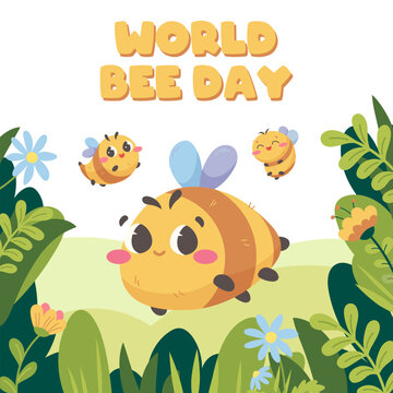 World Bee Day greetings. Square poster for postcards, social networks for honey fair, festival, spring holidays May 20
