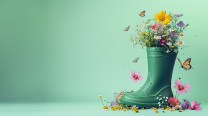 Green rubber boot with spring flowers inside and butterflies around on bright background, concept of the arrival and celebration of spring	
