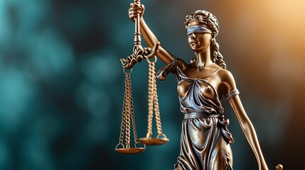 The statue of justice with closed eyes themis holds in her hands the metal scales of justice with copyspace