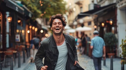 European man joyfully walks down vibrant city street with a smile on his face