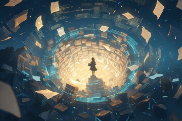 A person standing in the center of an endless digital library, surrounded by floating documents and data streams representing information flow