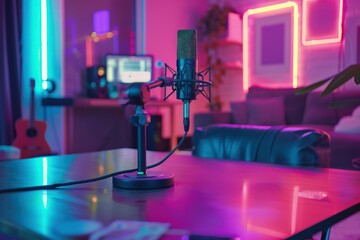 Studio microphone on a table in a room with neon lights, podcast and entertainment concept.
