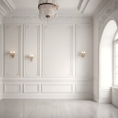 White empty room with stucco moldings and sconces. Classic interior style design.