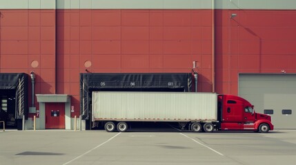 A red semi truck is parked in front of a building, likely a distribution center, showcasing the industrial nature of the scene