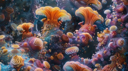 A vibrant, intricate fractal structure with a mix of colors and complex patterns, resembling coral or other natural formations.