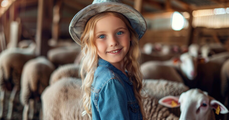 A cute blonde girl wearing an oversized blue shirt and plaid pants is standing in front of her flock inside the pen on the farm smiling at the camera