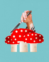Contemporary art. collage. Hand slicing red mushroom with white spots using knife against teal background. Pop art. Concept of food, nutrition, dieting, beauty and health.