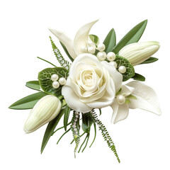 Elegant White Rose Corsage with Green Accents and Pearls, Concept of Bridal Accessory and Formal Occasion Elegance.