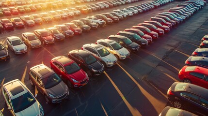A bustling parking lot of a car dealership filled with rows of parked preowned cars for sale - obrazy, fototapety, plakaty