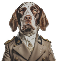 Rasowy pies, wyżeł w mundurze wojskowym. Przezroczyste tło.