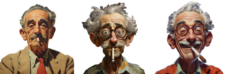 Starszy, pomarszczony mężczyzna z papierosem w ustach. Humorystyczny rysunek, kreskówka, animacja. Przezroczyste tło. - obrazy, fototapety, plakaty
