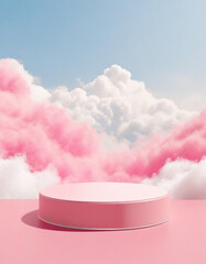 The 3d rendering landscape model of a pink sandbox with a circle display platform on the floor and cloudy sky like heaven background