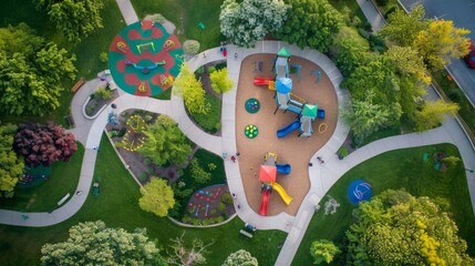 A drone captures the layout of a park from above, showcasing the playground area and its equipment - obrazy, fototapety, plakaty