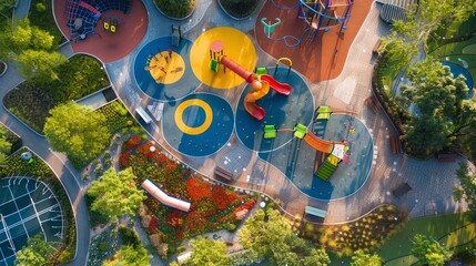 Overhead view of a park with a focus on the playground section. Children playing on swings, slides, and jungle gyms under a clear sky