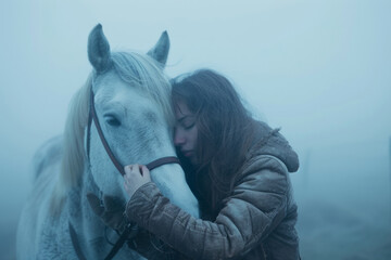 Obraz premium Young woman hugging a horse in the fog