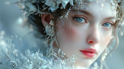 Woman's Winter Portrait with Snowflakes: Beauty, Fashion, Snow, Christmas, Charm, Queen, Cold, Angel, Ice, London Blue, Art, Blue, Hat, Eyes, Lips, Model - obrazy, fototapety, plakaty