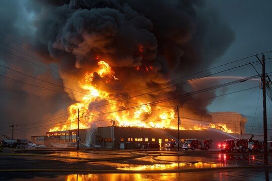 Big warehouse building burning at night