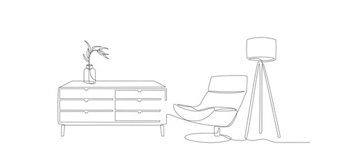 Continuous single line interior with armchair, floor lamp, plant and chest of drawers. One line drawing of Living room with furniture editable stroke. Handdraw contour of indoor furniture. Vector