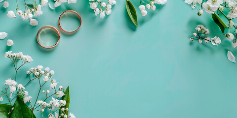 Two gold wedding rings with white flowers and green leaves on a soft blue background with space for text
