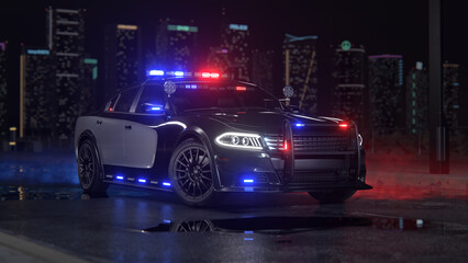 Police Car with Flashing Emergency LED Lights is stands on the wet road in front of night city