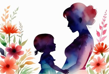 Mom and child, beautiful watercolor drawing, silhouette. Mother's Day concept, template, poster, greeting card.