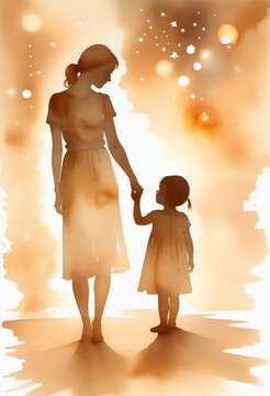 Mom and child, beautiful watercolor drawing, silhouette. Mother's Day concept, template, poster, greeting card.