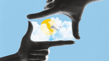 Contemporary art collage. Memories. Reality can be framed and interpreted in various ways. Hands framing flying bird in the sky with clouds and sun, creating illusion. Concept of nature, beauty.